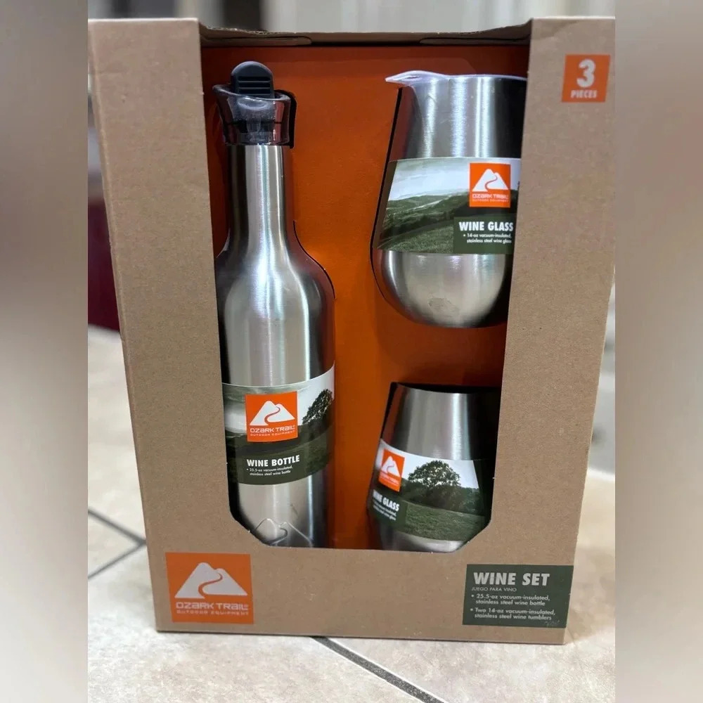 Ozark Trail 3 Piece Stainless Steel Wine Bottle & Wine Glasses Gift Set Picnic
